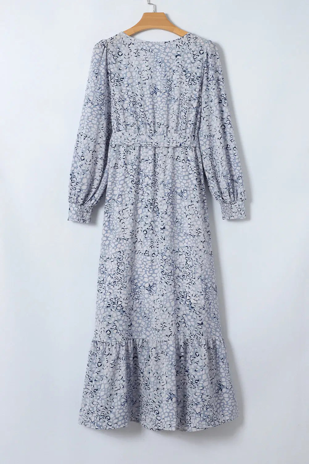 Sky blue printed surplice neck bubble sleeve maxi dress with sash - dresses
