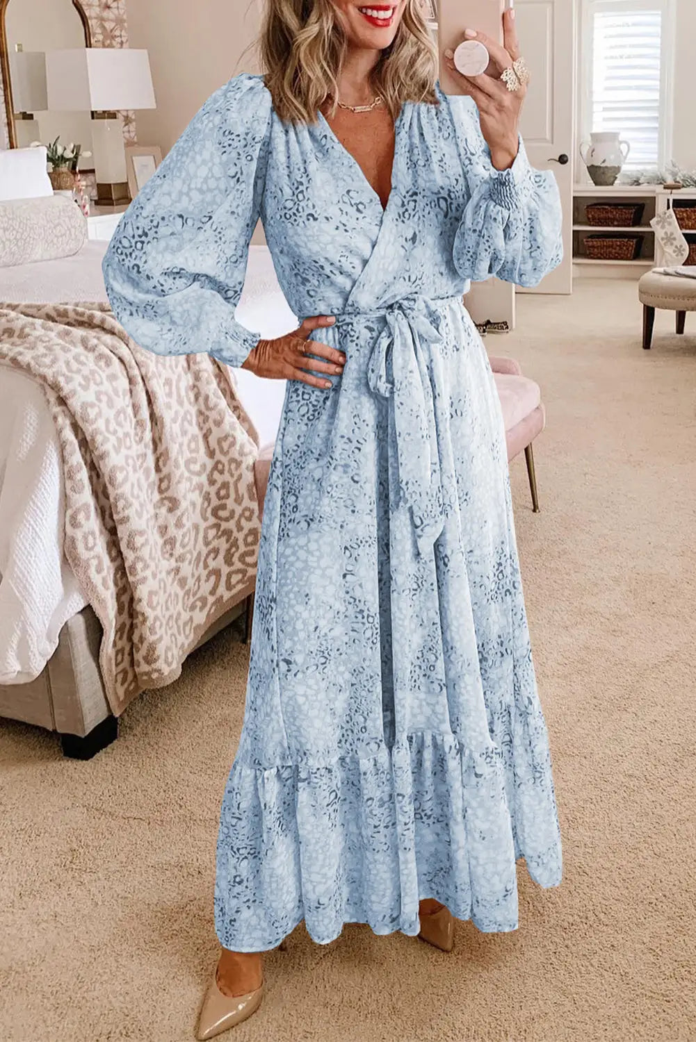 Sky blue printed surplice neck bubble sleeve maxi dress with sash - l / 95% polyester + 5% elastane - dresses