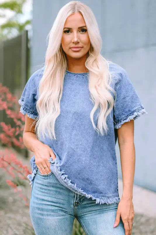 Sky blue raw edge denim top - t-shirts