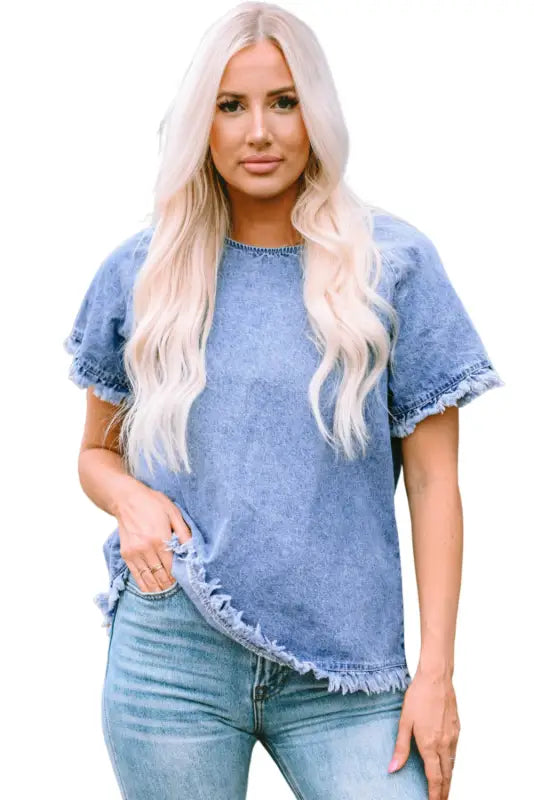 Sky blue raw edge denim top - t-shirts