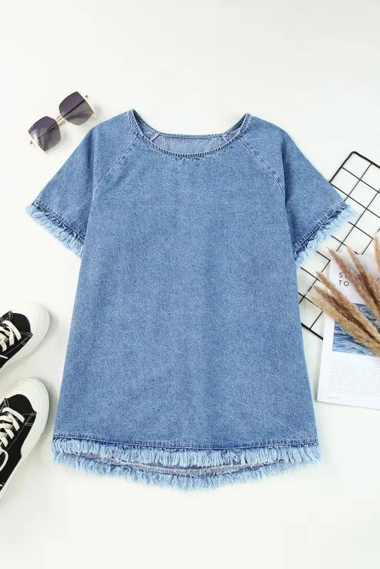 Sky blue raw edge denim top - t-shirts