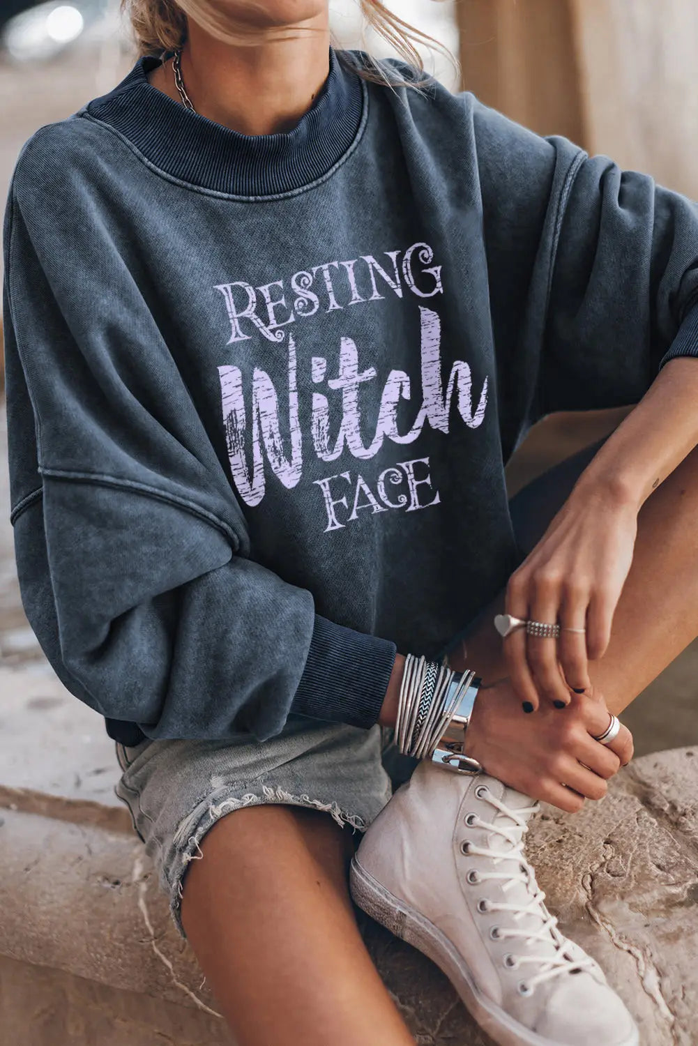 Sky blue resting witch face graphic drop shoulder sweatshirt - sweatshirts