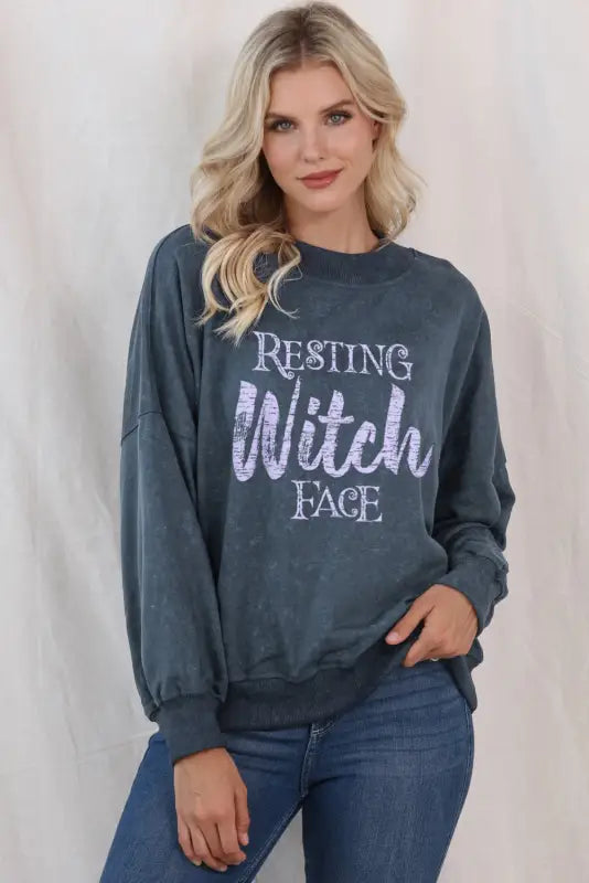 Sky blue resting witch face graphic drop shoulder sweatshirt - sweatshirts