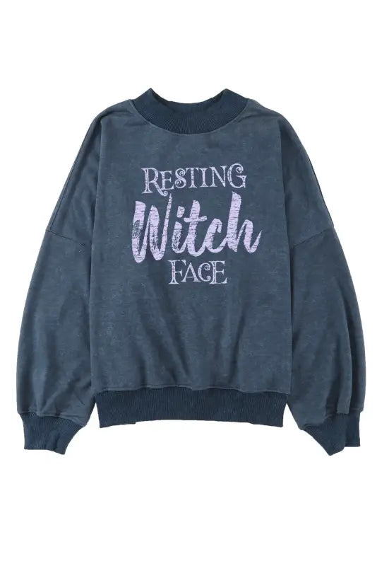 Sky blue resting witch face graphic drop shoulder sweatshirt - sweatshirts