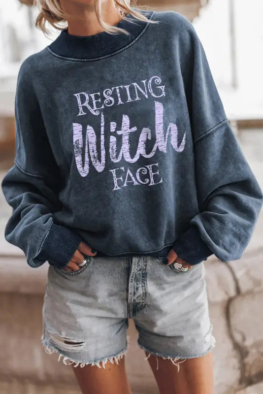 Sky blue resting witch face graphic drop shoulder sweatshirt - sweatshirts