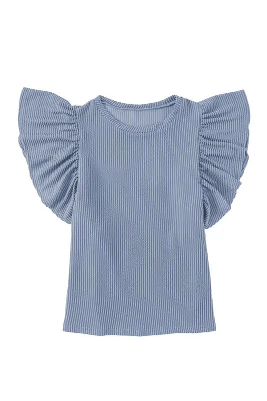 Sky blue ribbed knit ruffled short sleeve t shirt - t-shirts