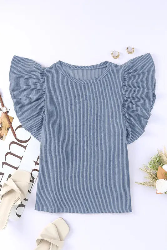 Sky blue ribbed knit ruffled short sleeve t shirt - t-shirts