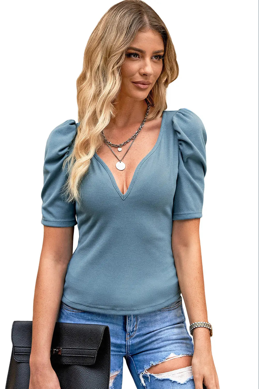 Sky blue ribbed knit v neck ruched sleeve top - t-shirts
