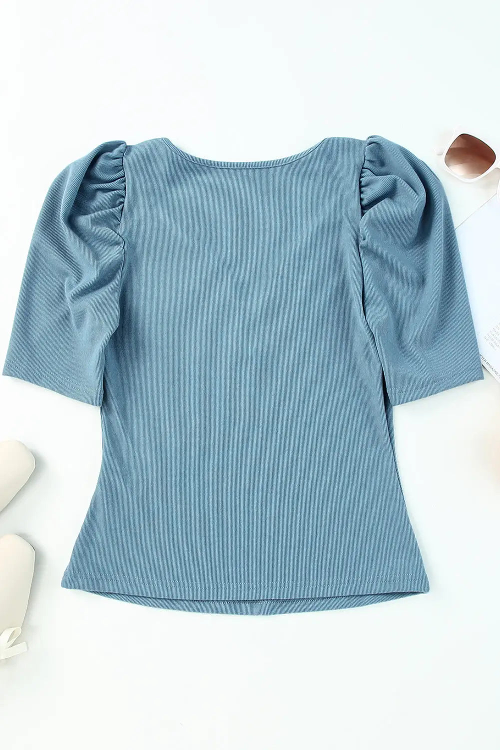 Sky blue ribbed knit v neck ruched sleeve top - t-shirts