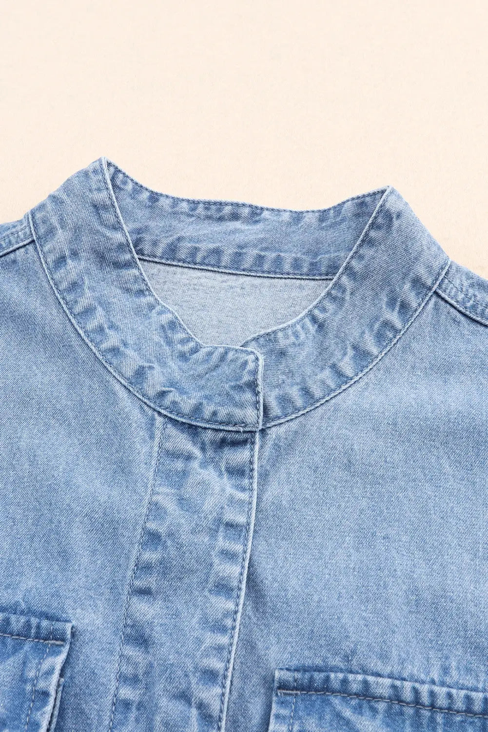 Sky blue roll-up tab sleeve button down pocket denim jacket - outerwear