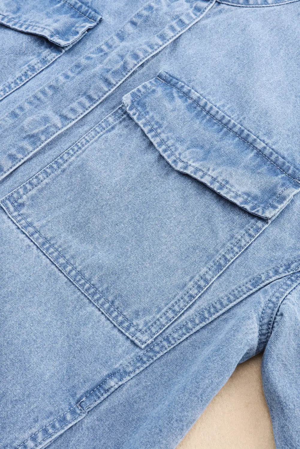 Sky blue roll-up tab sleeve button down pocket denim jacket - outerwear