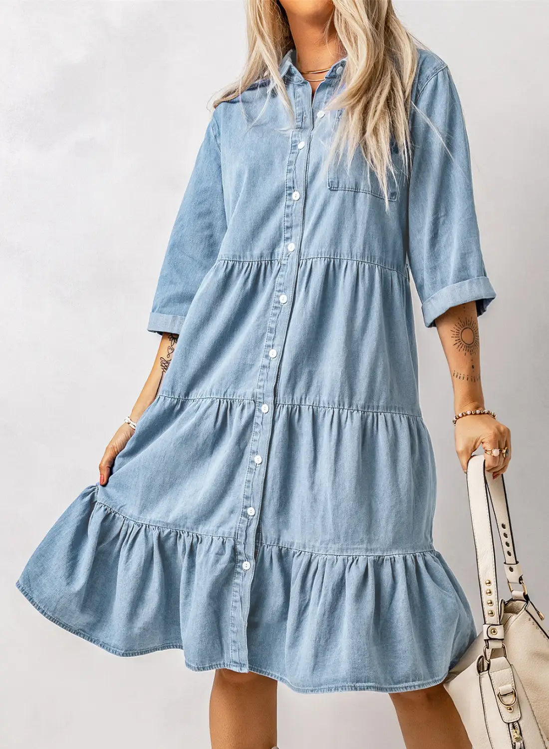 Sky blue ruffled denim full buttoned midi dress - s / 100% cotton - dresses