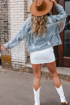 Sky Blue Sequin Embellished Fringe Distressed Denim Jacket - Fashionfitz