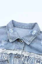 Sky Blue Sequin Embellished Fringe Distressed Denim Jacket - Fashionfitz