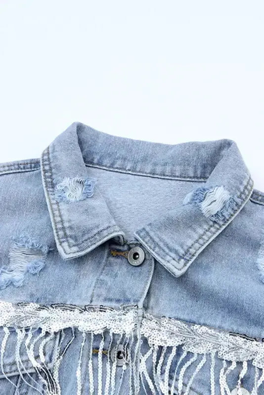 Sky Blue Sequin Embellished Fringe Distressed Denim Jacket - Fashionfitz