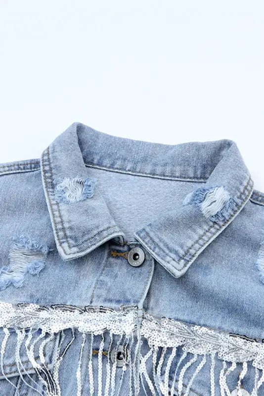 Sky blue sequin embellished fringe distressed denim jacket - outerwear