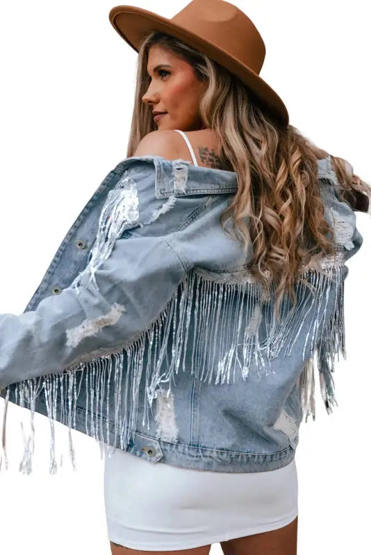 Sky blue sequin embellished fringe distressed denim jacket - outerwear