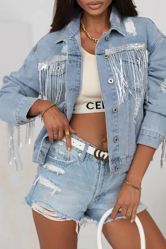 Sky blue sequin embellished fringe distressed denim jacket - outerwear