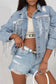 Sky blue sequin embellished fringe distressed denim jacket - outerwear