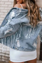 Sky Blue Sequin Embellished Fringe Distressed Denim Jacket - Fashionfitz