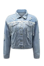 Sky Blue Sequin Embellished Fringe Distressed Denim Jacket - Fashionfitz