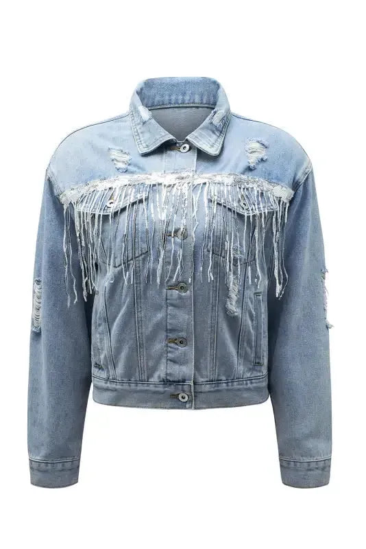 Sky Blue Sequin Embellished Fringe Distressed Denim Jacket - Fashionfitz