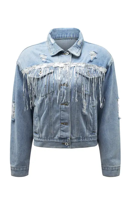 Sky blue sequin embellished fringe distressed denim jacket - outerwear