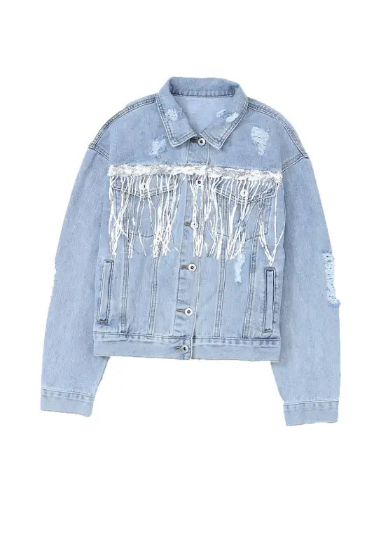 Sky blue sequin embellished fringe distressed denim jacket - outerwear