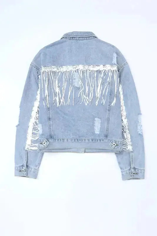 Sky Blue Sequin Embellished Fringe Distressed Denim Jacket - Fashionfitz