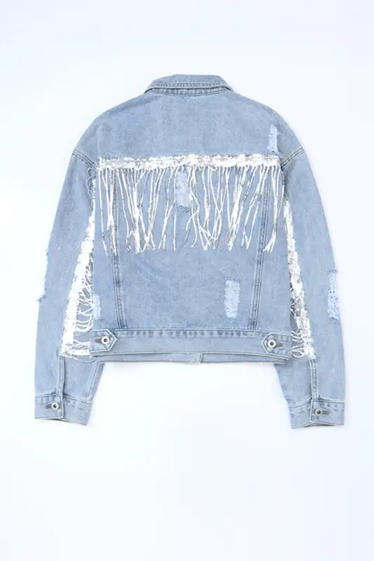 Sky blue sequin embellished fringe distressed denim jacket - outerwear