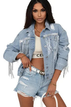 Sky Blue Sequin Embellished Fringe Distressed Denim Jacket - Fashionfitz