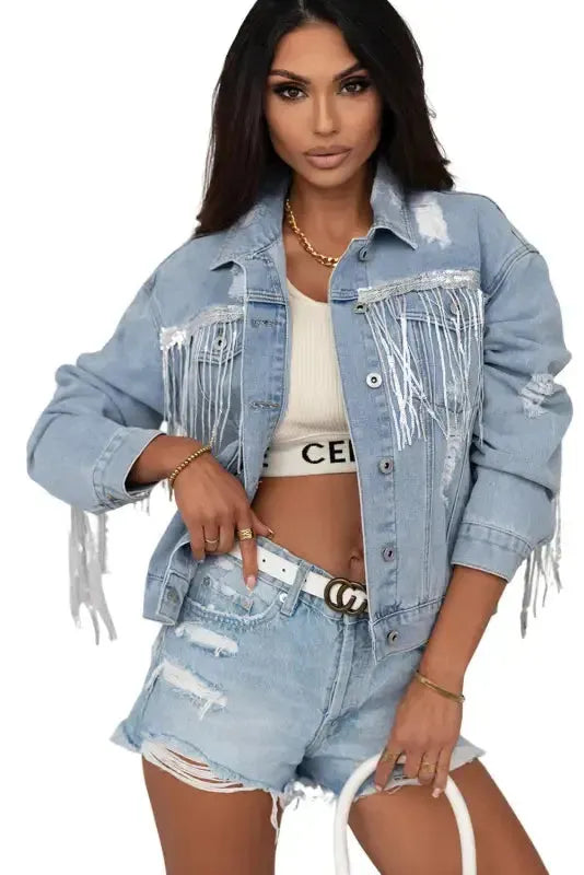 Sky Blue Sequin Embellished Fringe Distressed Denim Jacket - Fashionfitz