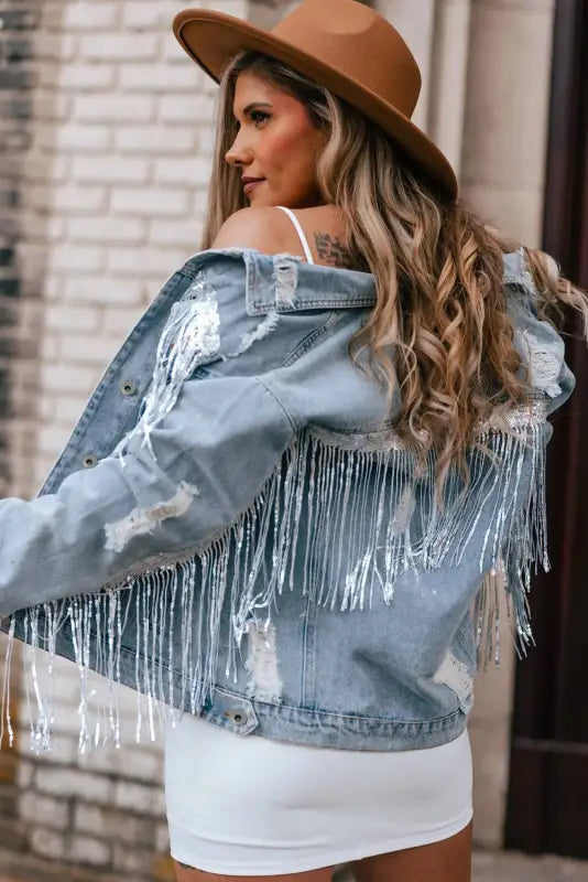 Sky blue sequin embellished fringe distressed denim jacket - outerwear