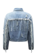 Sky Blue Sequin Embellished Fringe Distressed Denim Jacket - Fashionfitz