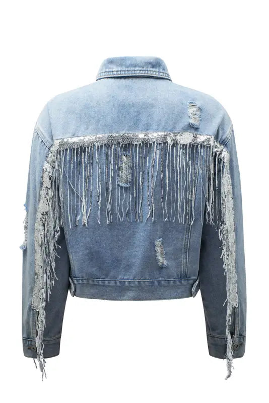 Sky blue sequin embellished fringe distressed denim jacket - outerwear