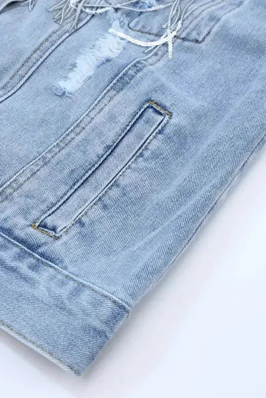 Sky Blue Sequin Embellished Fringe Distressed Denim Jacket - Fashionfitz