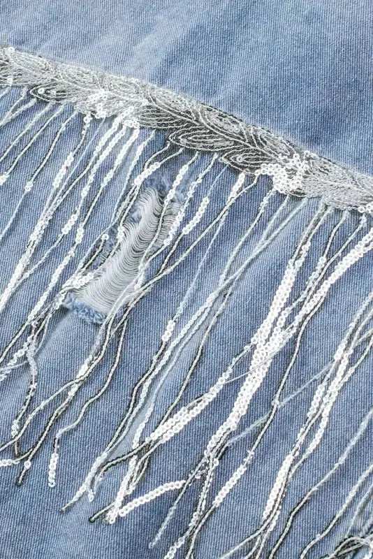 Sky Blue Sequin Embellished Fringe Distressed Denim Jacket - Fashionfitz