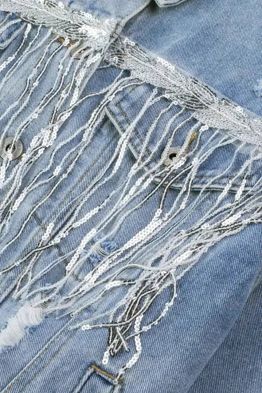 Sky Blue Sequin Embellished Fringe Distressed Denim Jacket - Fashionfitz
