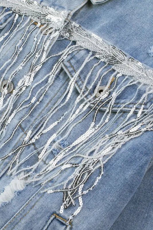 Sky blue sequin embellished fringe distressed denim jacket - outerwear