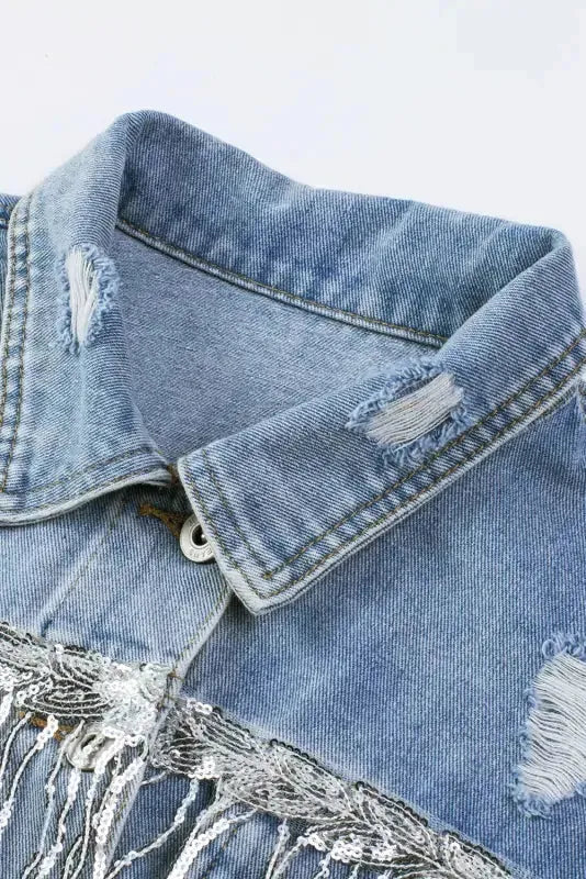 Sky Blue Sequin Embellished Fringe Distressed Denim Jacket - Fashionfitz