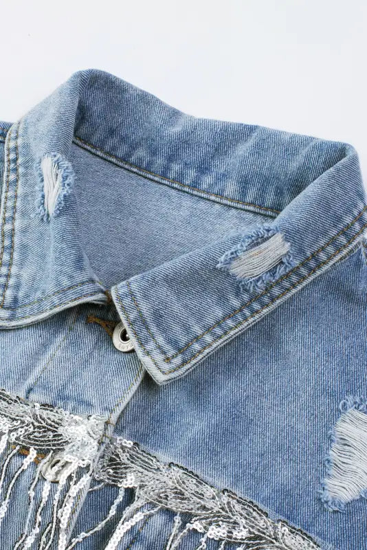 Sky blue sequin embellished fringe distressed denim jacket - outerwear