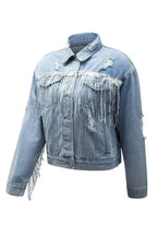 Sky Blue Sequin Embellished Fringe Distressed Denim Jacket - Fashionfitz
