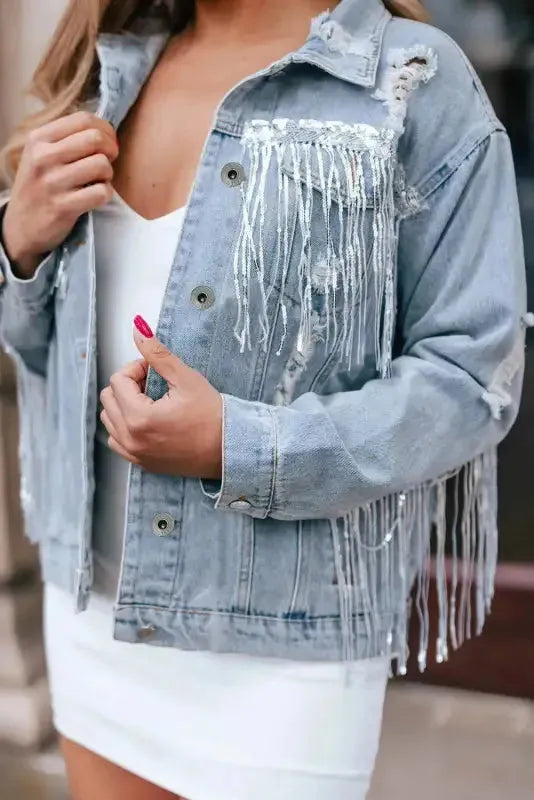 Sky Blue Sequin Embellished Fringe Distressed Denim Jacket - Fashionfitz