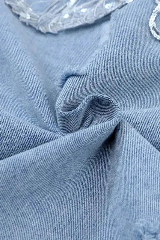 Sky Blue Sequin Embellished Fringe Distressed Denim Jacket - Fashionfitz