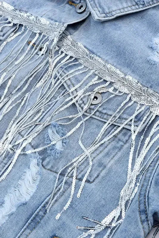 Sky Blue Sequin Embellished Fringe Distressed Denim Jacket - Fashionfitz
