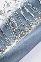 Sky Blue Sequin Embellished Fringe Distressed Denim Jacket - Fashionfitz