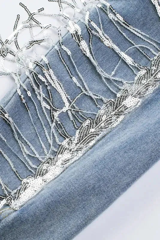 Sky Blue Sequin Embellished Fringe Distressed Denim Jacket - Fashionfitz