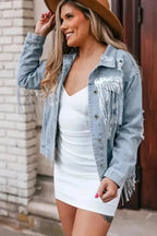 Sky Blue Sequin Embellished Fringe Distressed Denim Jacket - Fashionfitz