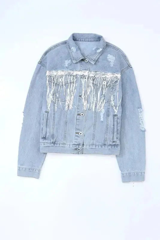Sky Blue Sequin Embellished Fringe Distressed Denim Jacket - Fashionfitz
