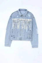Sky Blue Sequin Embellished Fringe Distressed Denim Jacket - Fashionfitz